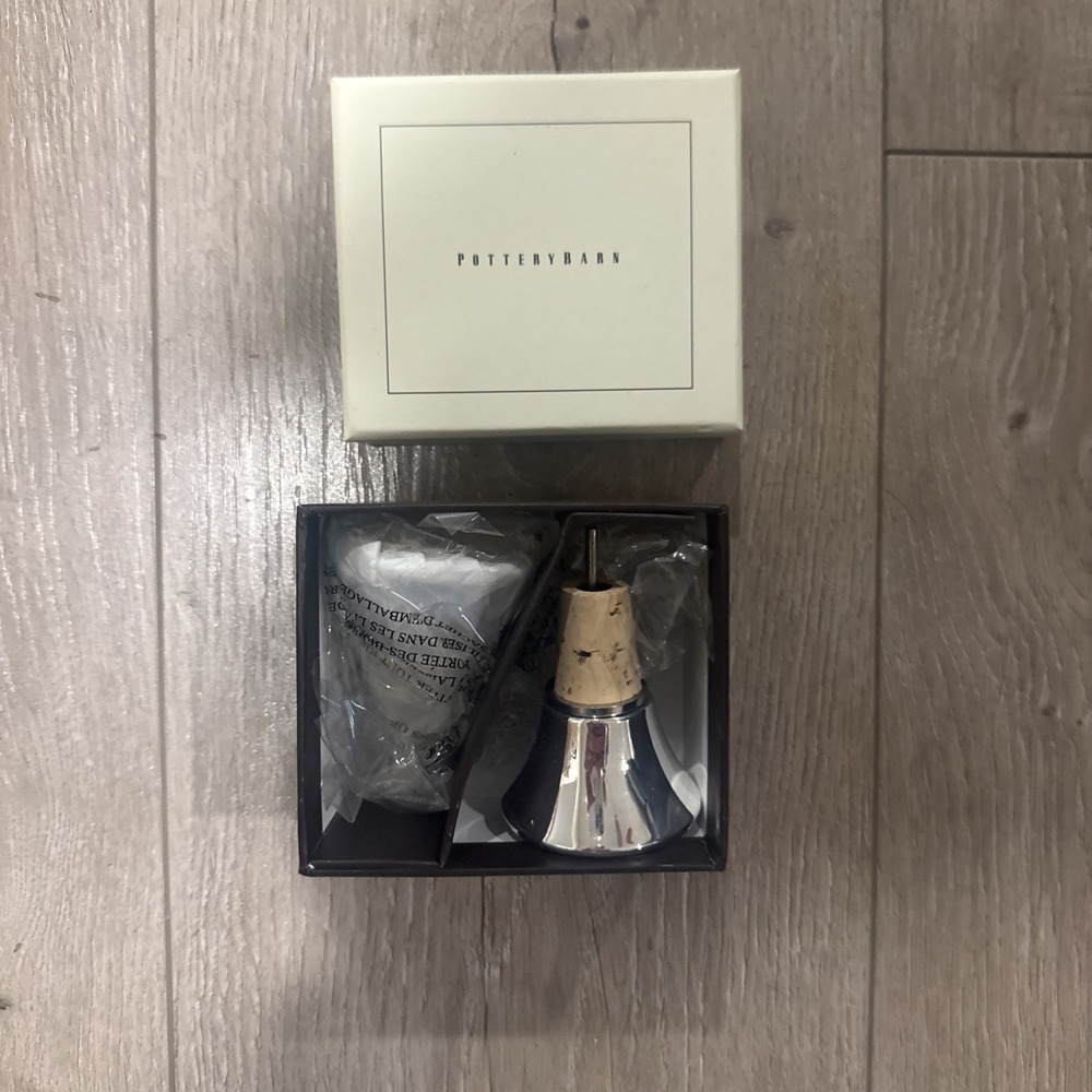 NIB NEW Pottery Barn Maxfield Bottle Stopper/Pourer Set of 2 silver